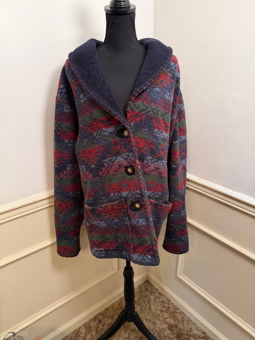 Vintage Tasha Polizzi Main Line Southwestern Aztec Blanket Cardigan Button Front